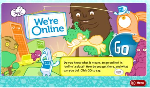  lots of different shaped creatures with a 'we're online' sign