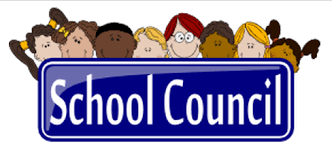 A cartoon of a school council badge with lots of children smiling behind it