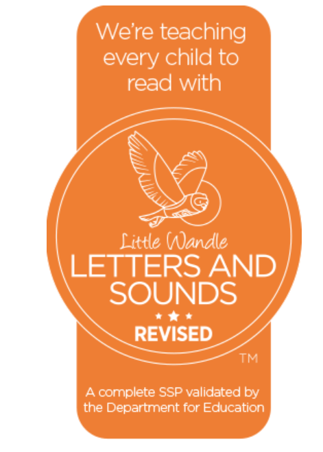 A badge that says we are teaching our children to read with little wandle letters and sounds