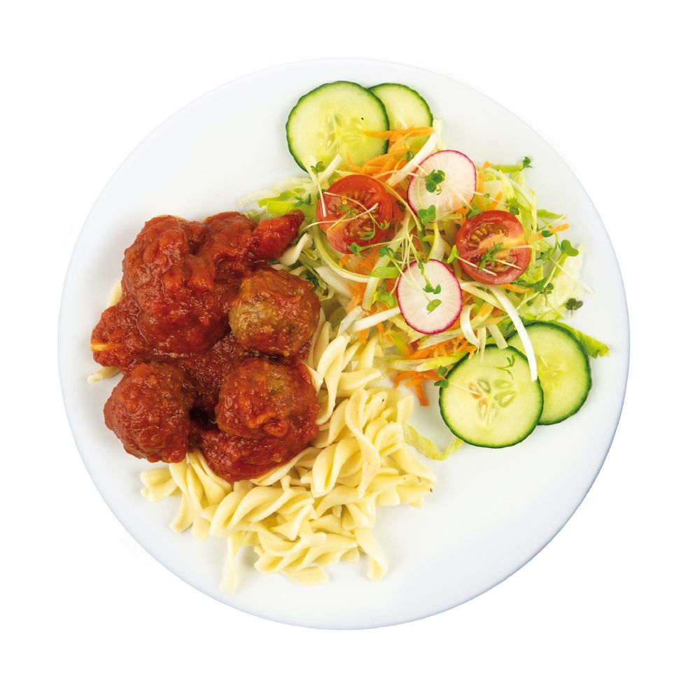 Meatballs in tomato sauce with fusilli pasta and a salad